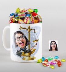 Kişiye Özel Bayan Avukat Karikatürlü Kupa ve Haribo Fruitbons Şeker Hediye Seti-4