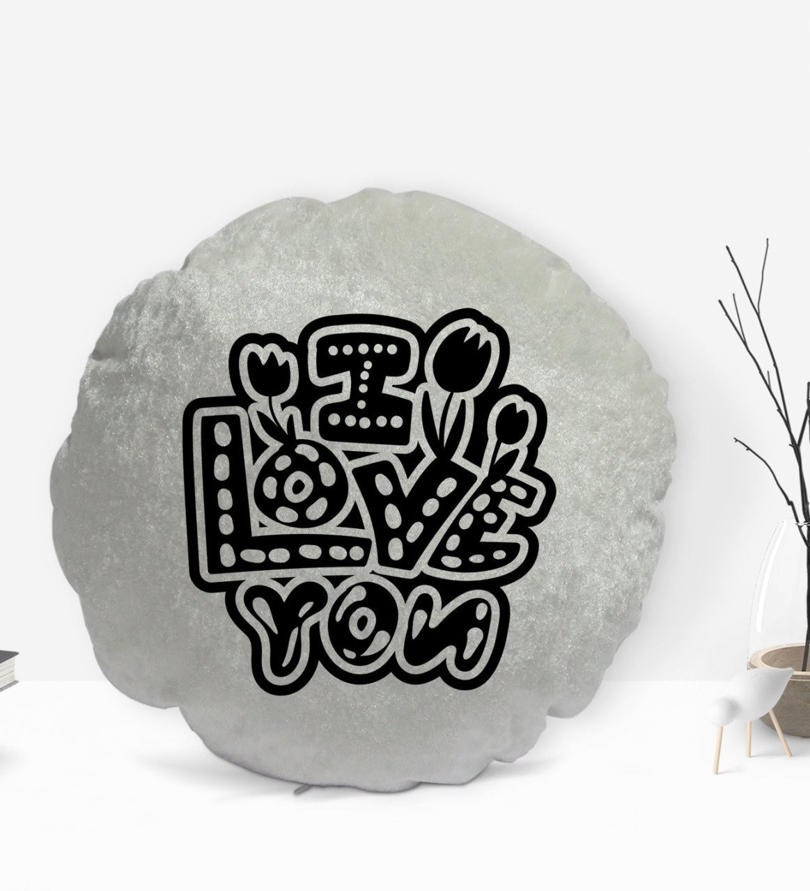 BK Gift I Love You Tasarımlı Yuvarlak Dekoratif Kırlent Yastık-1