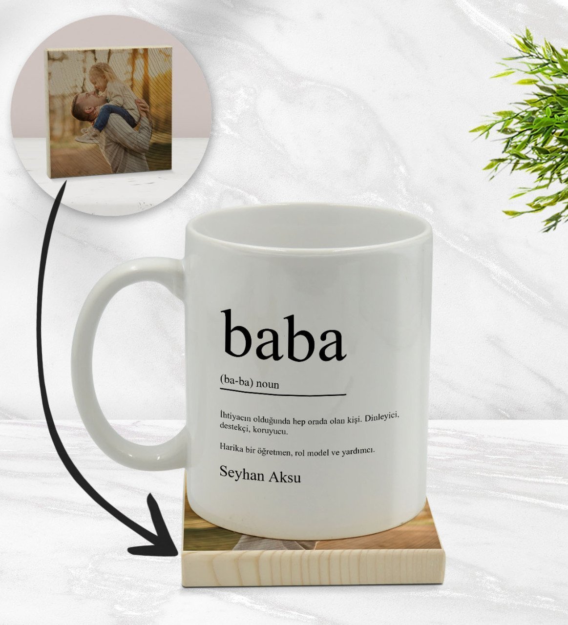 Kişiye Özel Baba Tasarımlı Beyaz Kupa Bardak ve Ahşap Bardak Altlığı Hediye Seti - Model 1