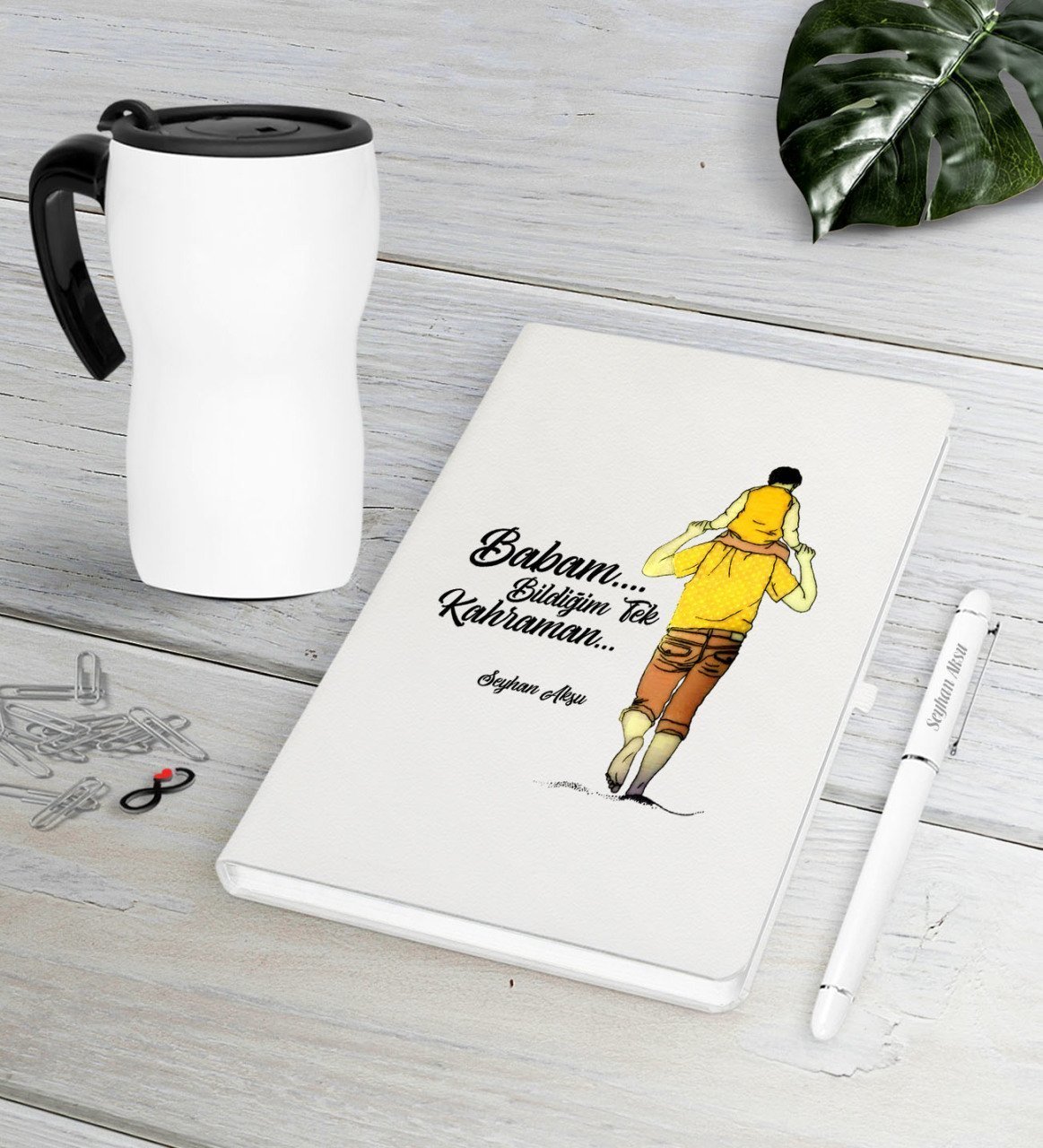 Kişiye Özel Babam Bildiğim Tek Kahraman Beyaz Defter Kalem Termos Mug Seti