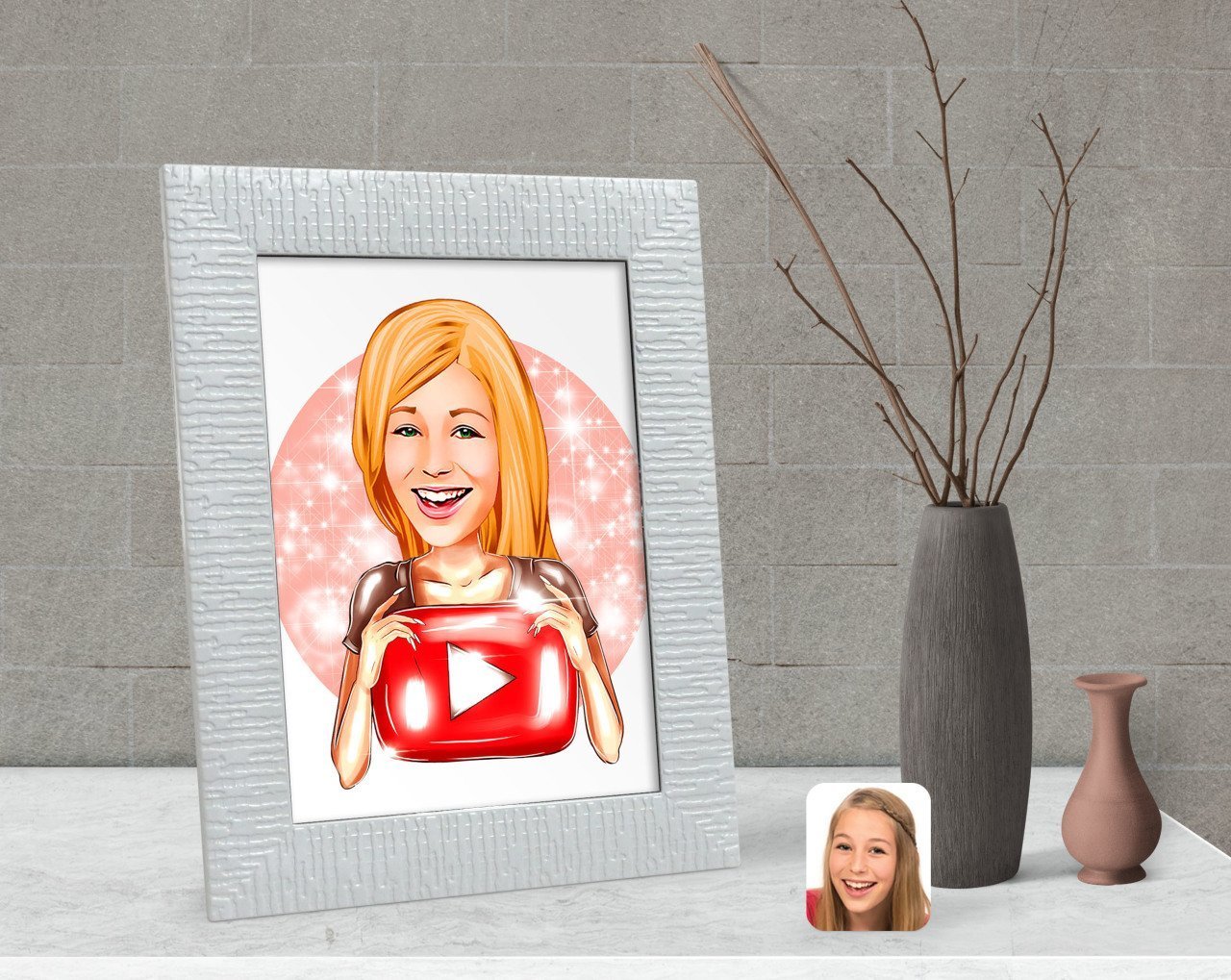 Kişiye Özel Kadın Youtuber Karikatürlü Dekoratif Çerçeve-1