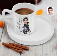 BK Gift Kişiye Özel Sunum Tabaklı Motorcu Karikatürlü Kahve Fincanı-1, Sevgiliye Hediye, Aileye Hediye, Arkadaşa Hediye