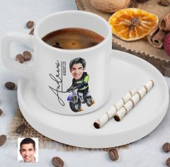 BK Gift Kişiye Özel Sunum Tabaklı Motorcu Karikatürlü Kahve Fincanı-1, Sevgiliye Hediye, Aileye Hediye, Arkadaşa Hediye
