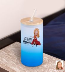 BK Gift Karikatürlü Mavi Renk Pipetli Buzlu Cam Bardak 600ml - 3, Arkadaşa Hediye, Doğum Günü Hediyesi