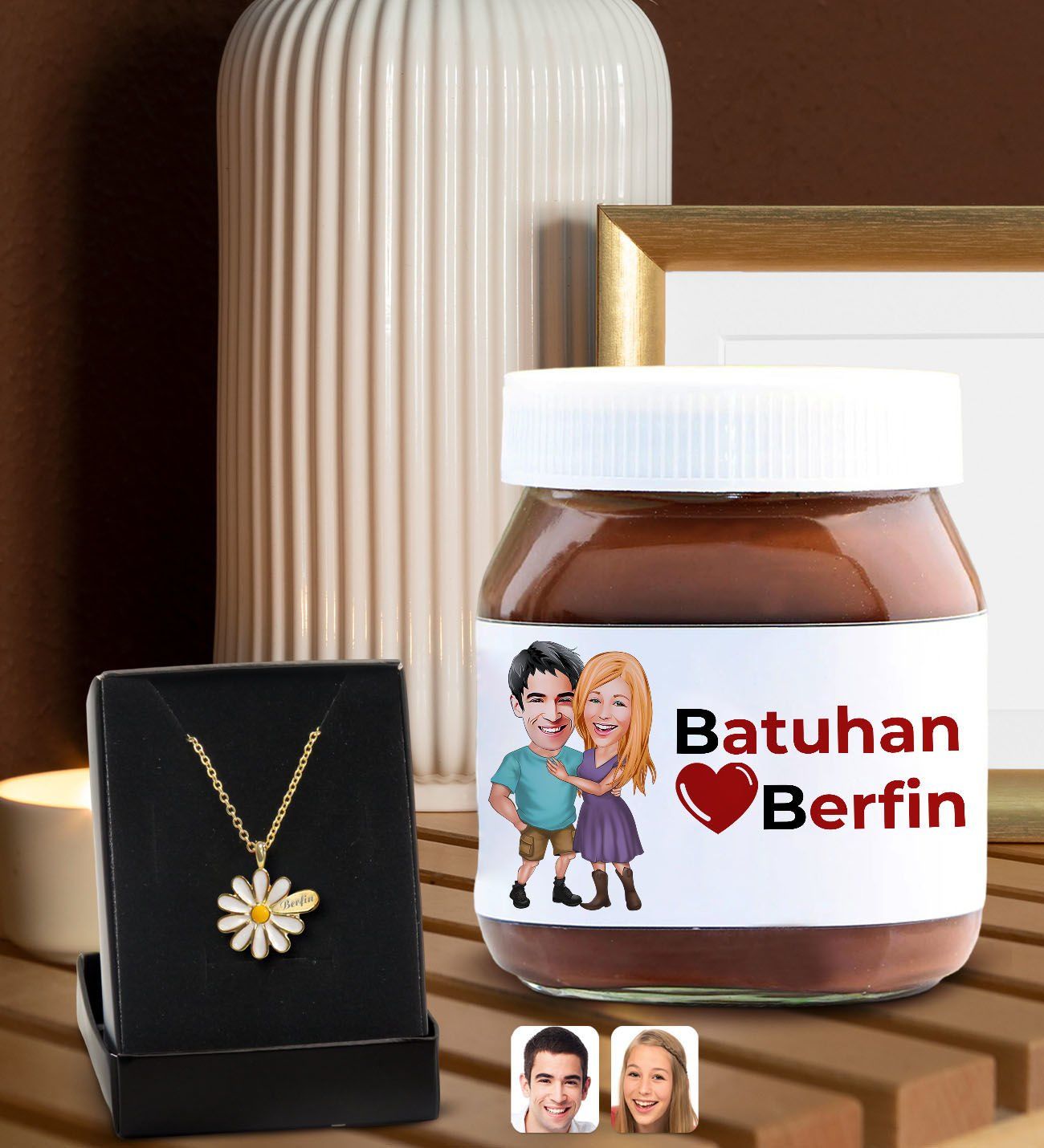 BK Gift Sevgiliye Özel İsimli Papatya Kolye ve Karikatürlü Nutella 400gr. Hediye Seti, Sevgililer Günü Hediye, Doğum Günü Hediyesi, Sevgiliye Hediye-2