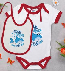 BK Kids Baby Shark Tasarımlı Kırmızı Bebek Body Zıbın ve Mama Önlüğü Hediye Seti-1