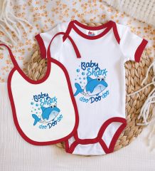 BK Kids Baby Shark Tasarımlı Kırmızı Bebek Body Zıbın ve Mama Önlüğü Hediye Seti-1