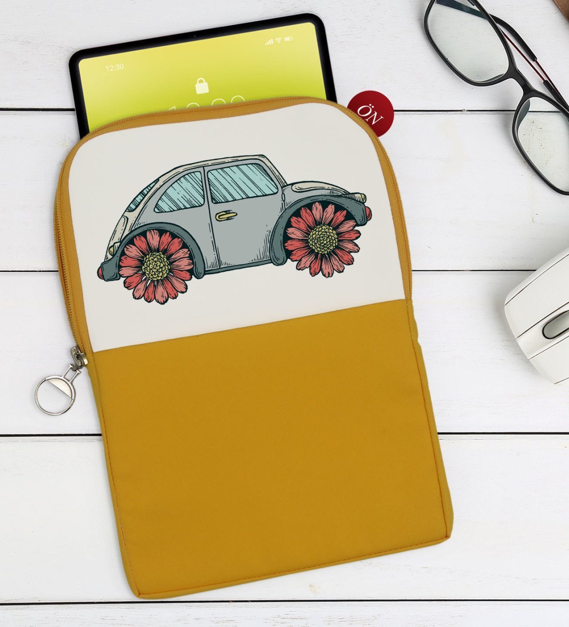 BK Gift Klasik Araç Tasarımlı Taşınabilir Koruyucu Tablet Kılıfı & Organizer Çanta - Sarı-4