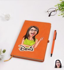 Kişiye Özel Kadın Karikatürlü Turuncu Termo Deri Defter Kalem Seti Model 19