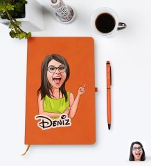 Kişiye Özel Kadın Karikatürlü Turuncu Termo Deri Defter Kalem Seti Model 19