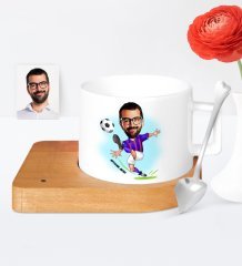 Kişiye Özel Futbol Bordo Mavi Karikatür Ahşap Altlıklı Seramik Fincan - 1