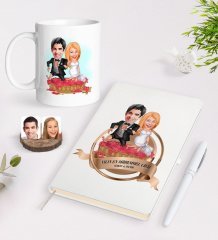 Kişiye Özel Yılın En Mükemmel Çifti Karikatürlü Beyaz Defter Kalem ve Kupa Seti-75