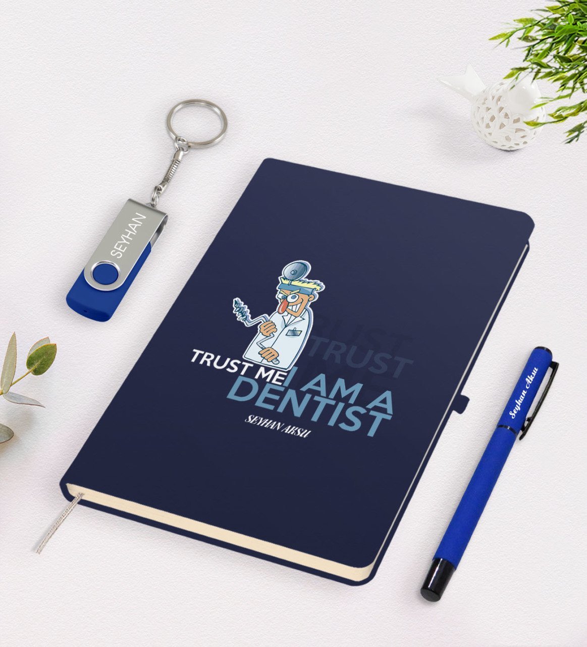 Kişiye Özel Diş Hekimi Temalı Lacivert Defter Kalem 32gb USB Bellek Hediye Seti-3