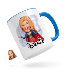 Kişiye Özel Süper Girl Karikatürlü Mavi Kupa Bardak