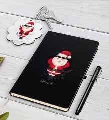 Kişiye Özel Noel Baba Siyah Defter Kalem ve Anahtarlık Hediye Seti-1