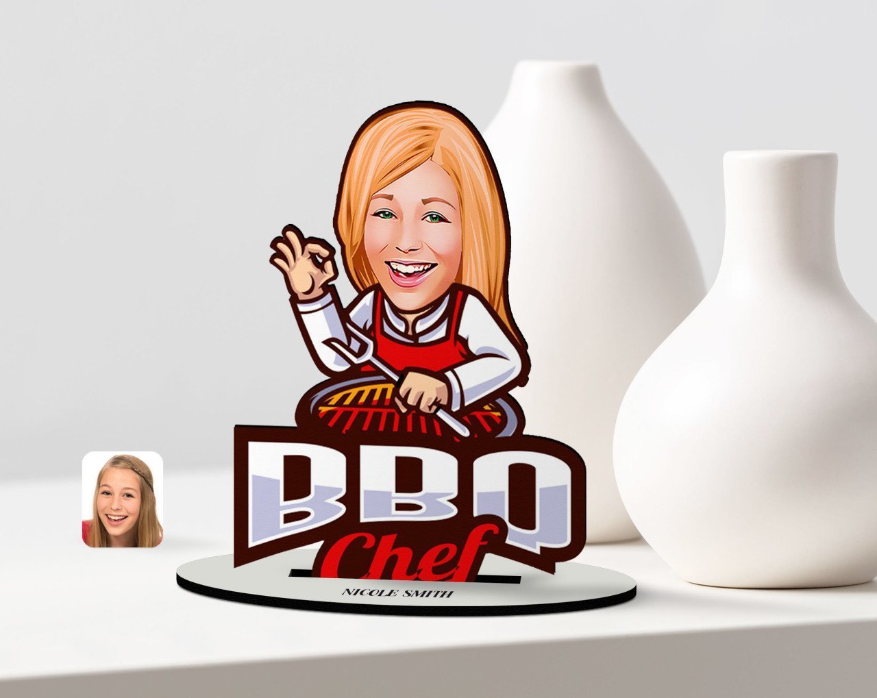 Kişiye Özel Kadın Barbekü Chef Karikatürlü Ahşap Biblo Model-1