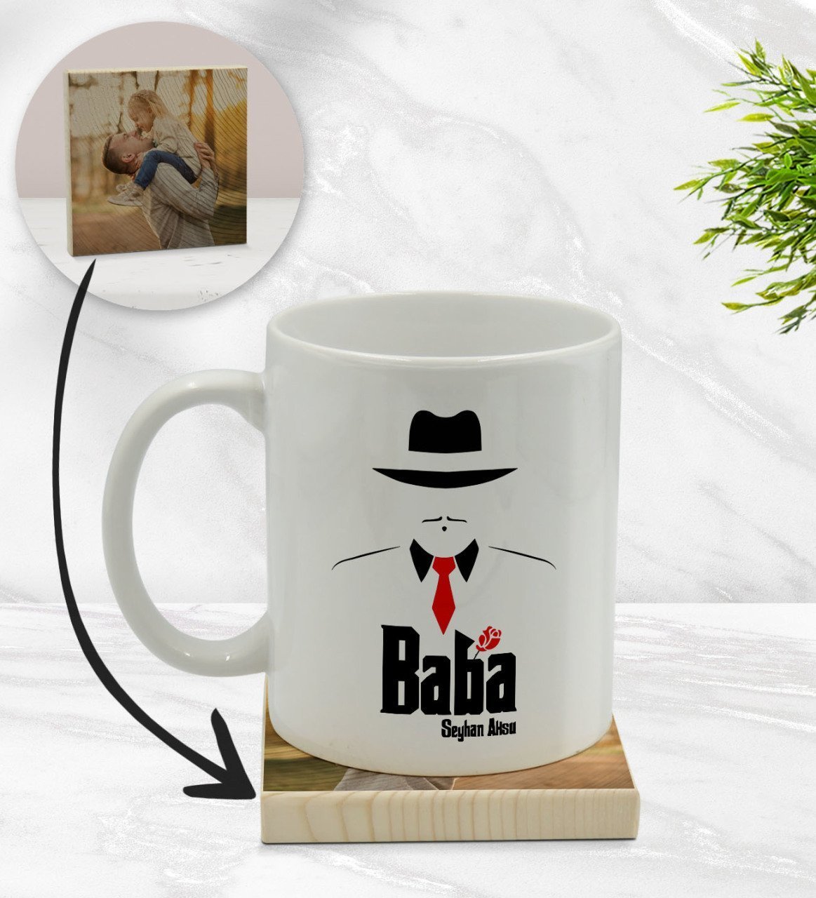 Kişiye Özel Baba Godfather Tasarımlı Beyaz Kupa Bardak ve Ahşap Bardak Altlığı Hediye Seti - Model 17