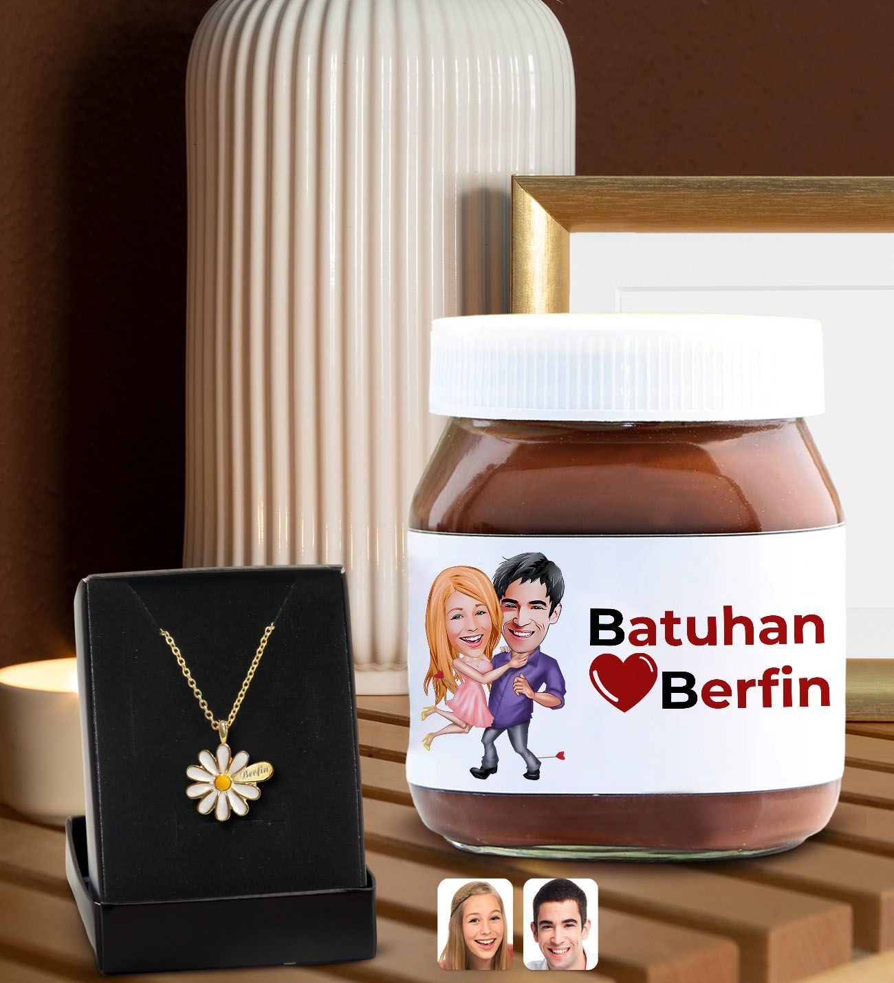 BK Gift Sevgiliye Özel İsimli Papatya Kolye ve Karikatürlü Nutella 400gr. Hediye Seti, Sevgililer Günü Hediye, Doğum Günü Hediyesi, Sevgiliye Hediye-1