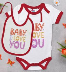 BK Kids Baby I Love You Tasarımlı Kırmızı Bebek Body Zıbın ve Mama Önlüğü Hediye Seti-1