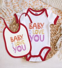 BK Kids Baby I Love You Tasarımlı Kırmızı Bebek Body Zıbın ve Mama Önlüğü Hediye Seti-1