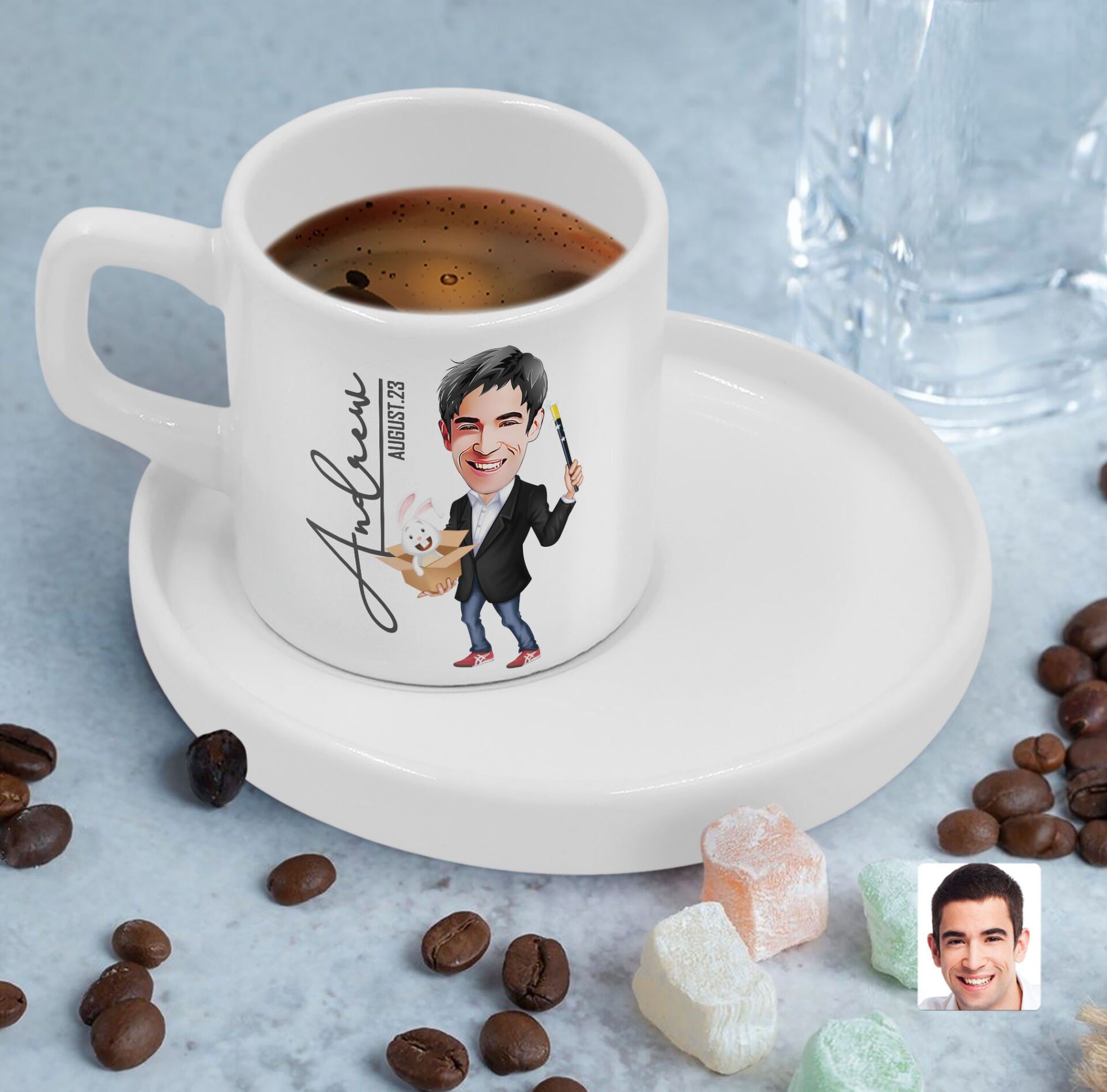 BK Gift Kişiye Özel Sunum Tabaklı Sihirbaz Karikatürlü Kahve Fincanı-1, Sevgiliye Hediye, Aileye Hediye, Arkadaşa Hediye