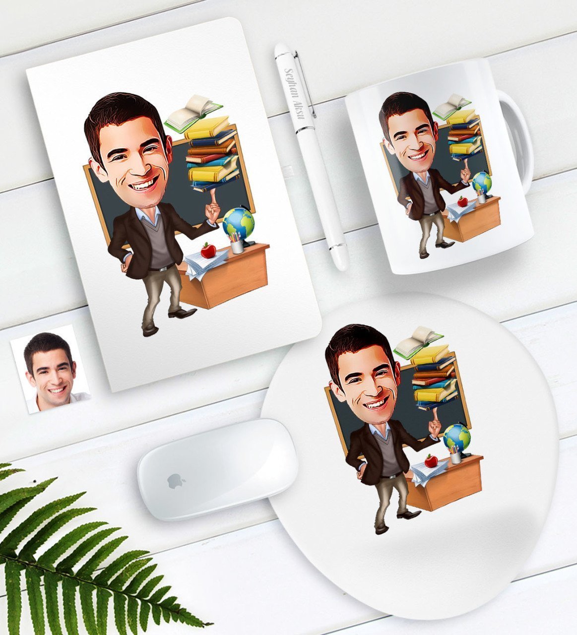 Kişiye Özel Bay Öğretmen Karikatürlü Defter Kalem Kupa Mouse Pad Seti-2