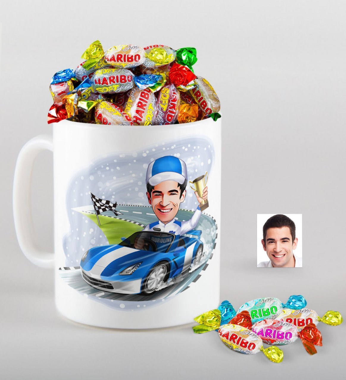 Kişiye Özel Bay Rallici Karikatürlü Kupa ve Haribo Fruitbons Şeker Hediye Seti