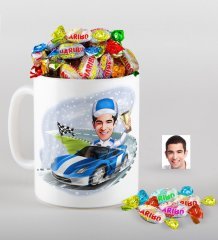 Kişiye Özel Bay Rallici Karikatürlü Kupa ve Haribo Fruitbons Şeker Hediye Seti