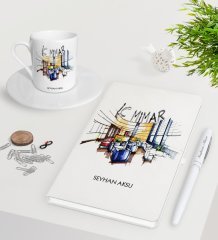 Kişiye Özel İç Mimar Beyaz Defter Kalem Türk Kahvesi Fincanı Seti-4