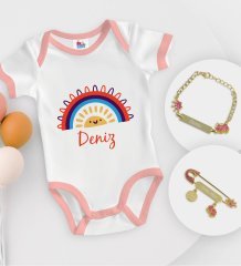 BK Kids Kişiye Özel İsimli Pembe Bebek Body Zıbın Kız Bebek Künyesi ve İğnesi Hediye Seti-1
