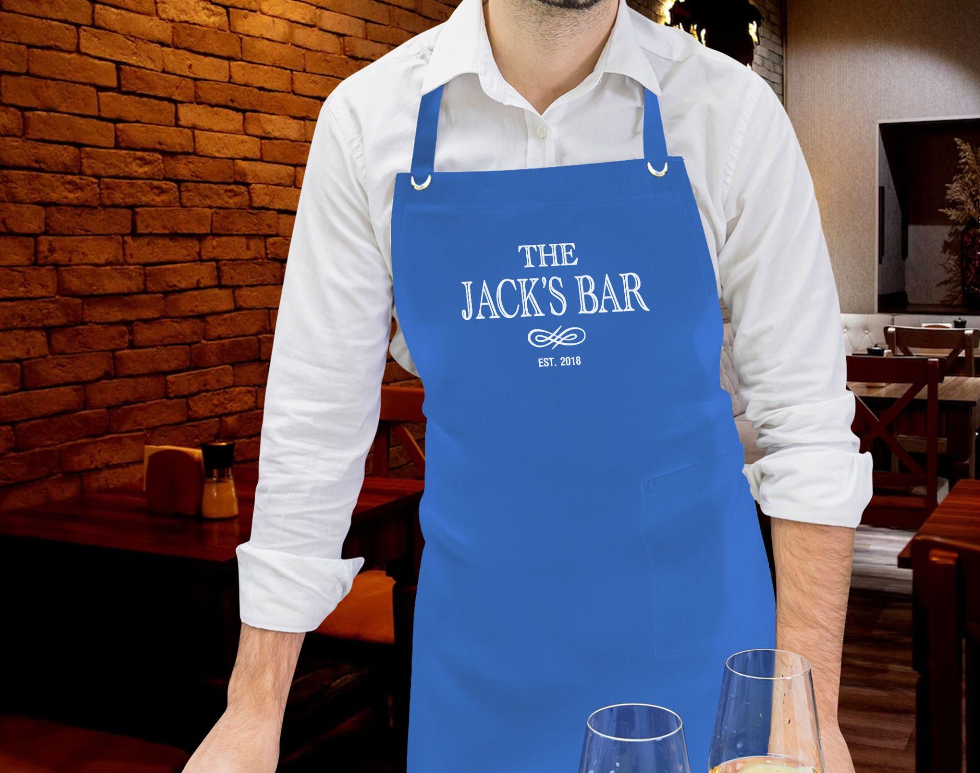 BK Gift Kişiye Özel İsimli Tarihli Bar Tasarımlı Profesyonel Mavi Mutfak Önlüğü, Aşçı Önlüğü, Şef Önlüğü, Arkadaşa Hediye-7