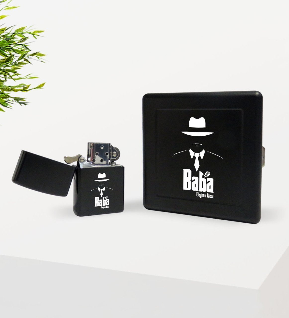 Kişiye Özel Baba Godfather Tasarımlı Siyah Metal Sigara Tabakası ve Benzinli Çakmak Seti-17