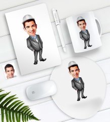 Kişiye Özel Bay Mühendis Karikatürlü Defter Kalem Kupa Mouse Pad Seti