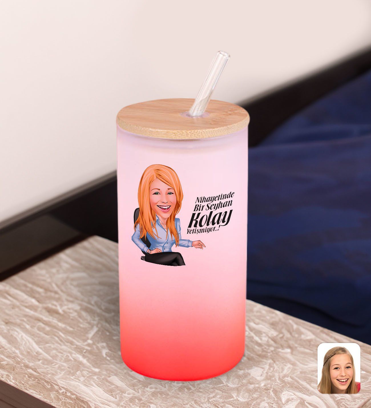 BK Gift Karikatürlü Kırmızı Renk Pipetli Buzlu Cam Bardak 600ml - 4, Arkadaşa Hediye, Doğum Günü Hediyesi