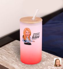 BK Gift Karikatürlü Kırmızı Renk Pipetli Buzlu Cam Bardak 600ml - 4, Arkadaşa Hediye, Doğum Günü Hediyesi