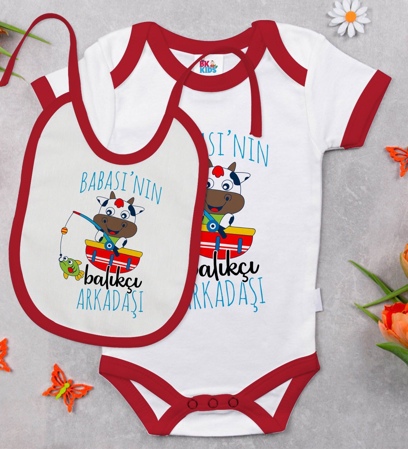 BK Kids Babasının Balıkçı Arkadaşı Tasarımlı Kırmızı Bebek Body Zıbın ve Mama Önlüğü Hediye Seti-1