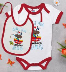 BK Kids Babasının Balıkçı Arkadaşı Tasarımlı Kırmızı Bebek Body Zıbın ve Mama Önlüğü Hediye Seti-1