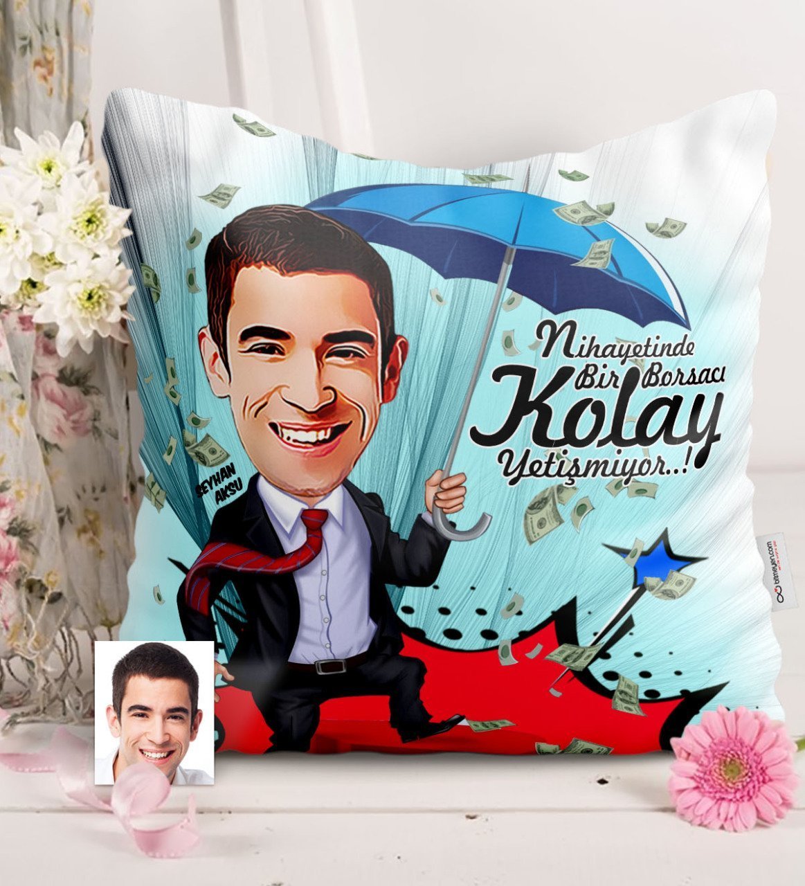 Kişiye Özel Bay Borsacı Karikatürlü Saten Yastık - 1