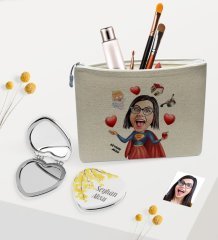 Kişiye Özel Süper Anne Karikatürlü Keten Makyaj Çantası ve Kalp Ayna Seti