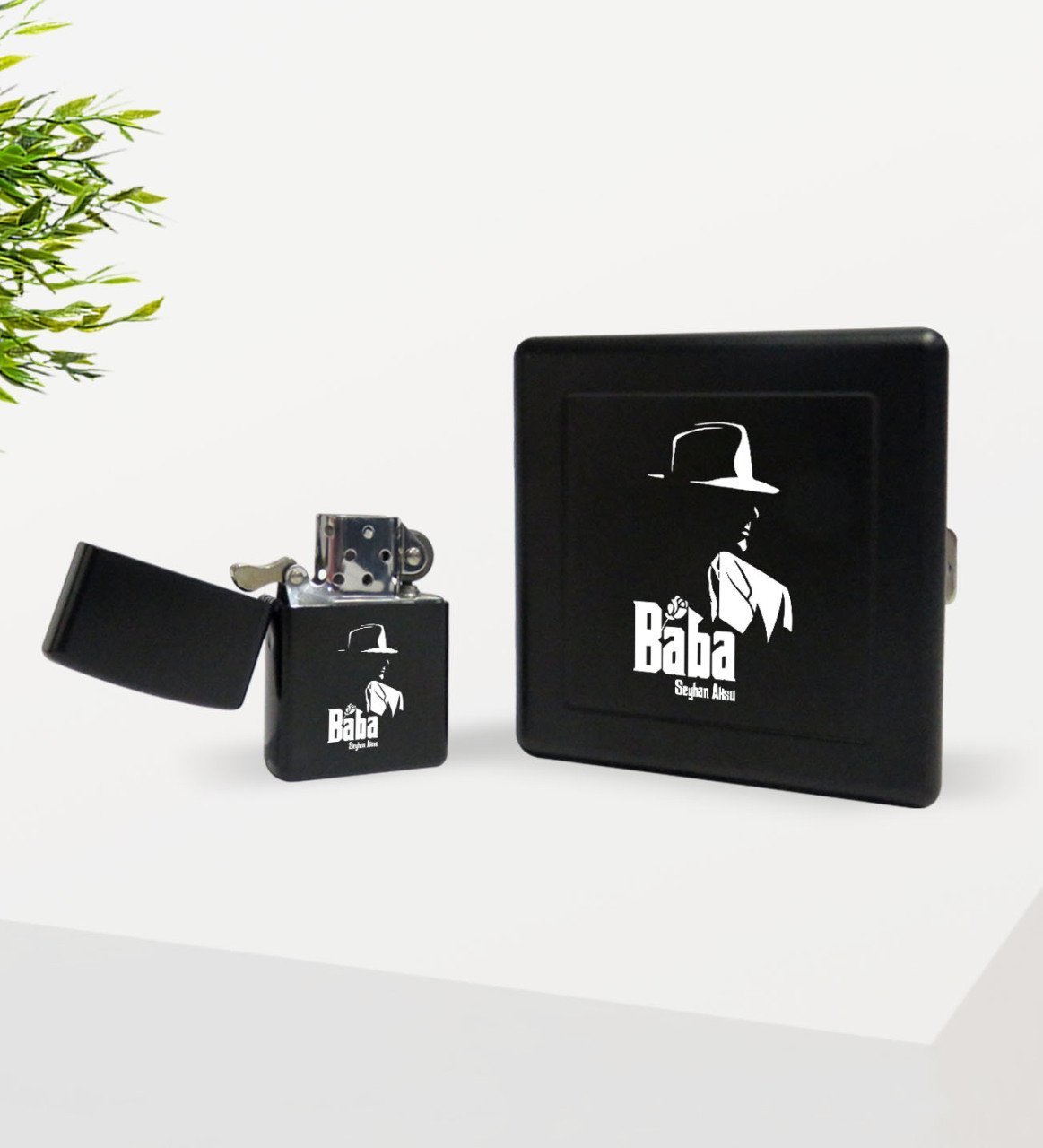 Kişiye Özel Baba Godfather Tasarımlı Siyah Metal Sigara Tabakası ve Benzinli Çakmak Seti-16