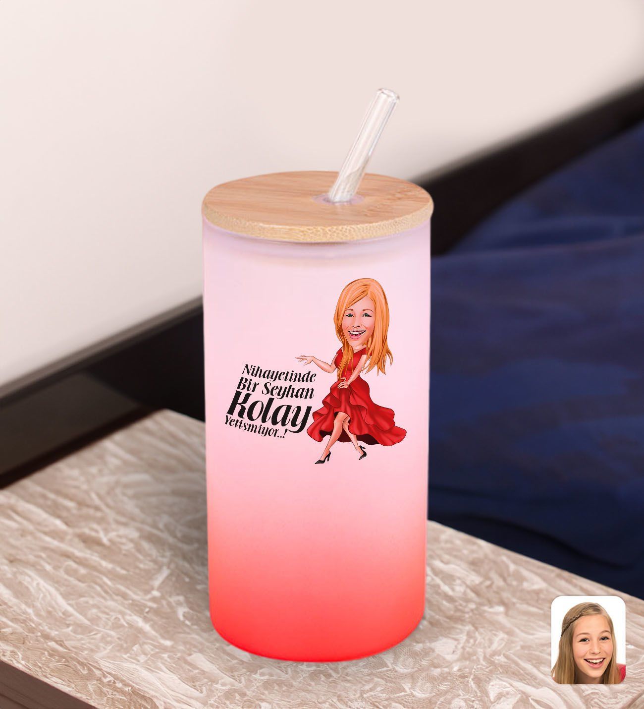BK Gift Karikatürlü Kırmızı Renk Pipetli Buzlu Cam Bardak 600ml - 3, Arkadaşa Hediye, Doğum Günü Hediyesi