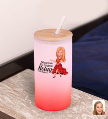 BK Gift Karikatürlü Kırmızı Renk Pipetli Buzlu Cam Bardak 600ml - 3, Arkadaşa Hediye, Doğum Günü Hediyesi
