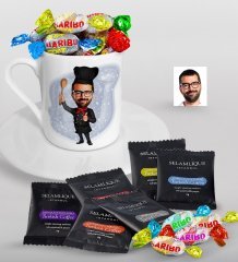 Kişiye Özel Bay Master Chef Karikatürlü Türk Kahvesi Fincanı Selamlique Karışık Türk Kahvesi ve Haribo Şeker Hediye Seti-1