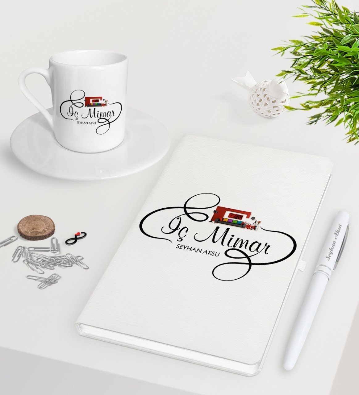 Kişiye Özel İç Mimar Beyaz Defter Kalem Türk Kahvesi Fincanı Seti-2