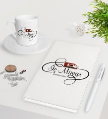 Kişiye Özel İç Mimar Beyaz Defter Kalem Türk Kahvesi Fincanı Seti-2