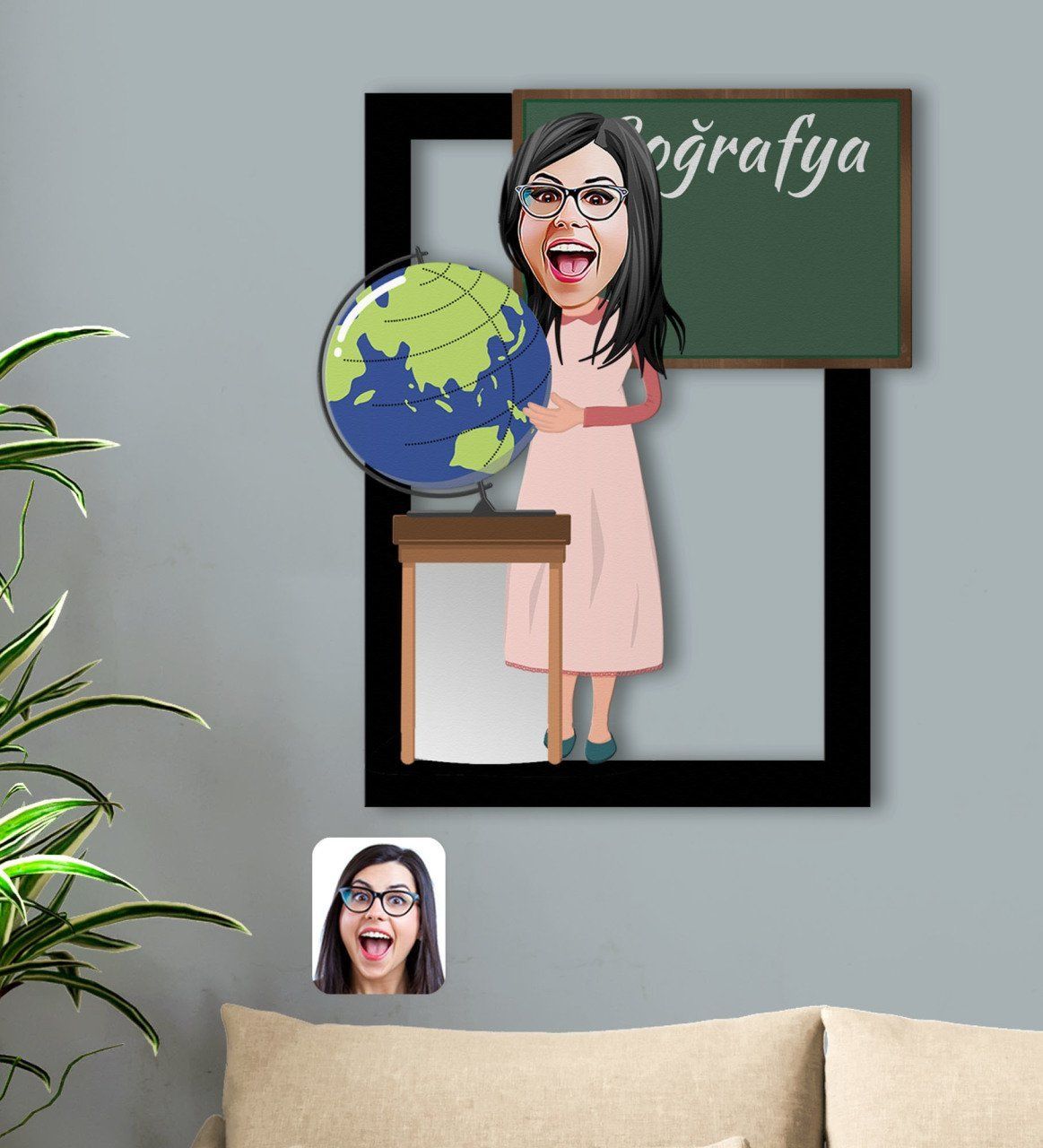 Kişiye Özel Kadın Coğrafya Öğretmeni Karikatürlü 3D Ahşap Tablo-1
