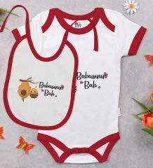 BK Kids Babasının Balı Tasarımlı Kırmızı Bebek Body Zıbın ve Mama Önlüğü Hediye Seti-1