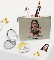 Kişiye Özel Melek Annem Karikatürlü Keten Makyaj Çantası ve Kalp Ayna Seti