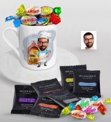 Kişiye Özel Bay Kebapçı Karikatürlü Türk Kahvesi Fincanı Selamlique Karışık Türk Kahvesi ve Haribo Şeker Hediye Seti-1