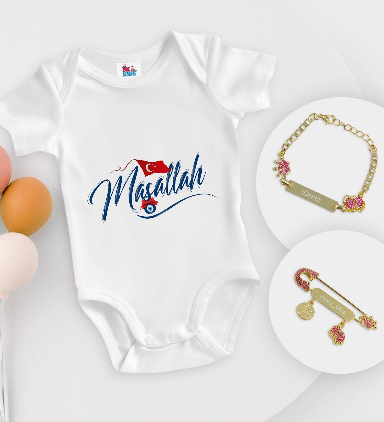BK Kids Kişiye Özel Maşallah Tasarımlı Beyaz Bebek Body Zıbın Kız Bebek Künyesi ve İğnesi Hediye Seti-3